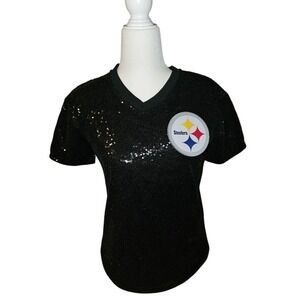 Girls XL Sequined Pittsburgh Steelers tShirt NFL Football Black Sparkle Logo